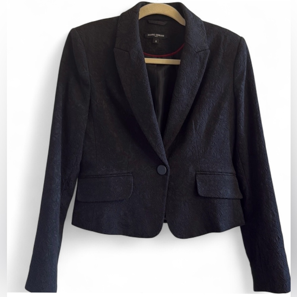 Vintage Mario Serrano Italy Black Brocade Short Blazer Size 8